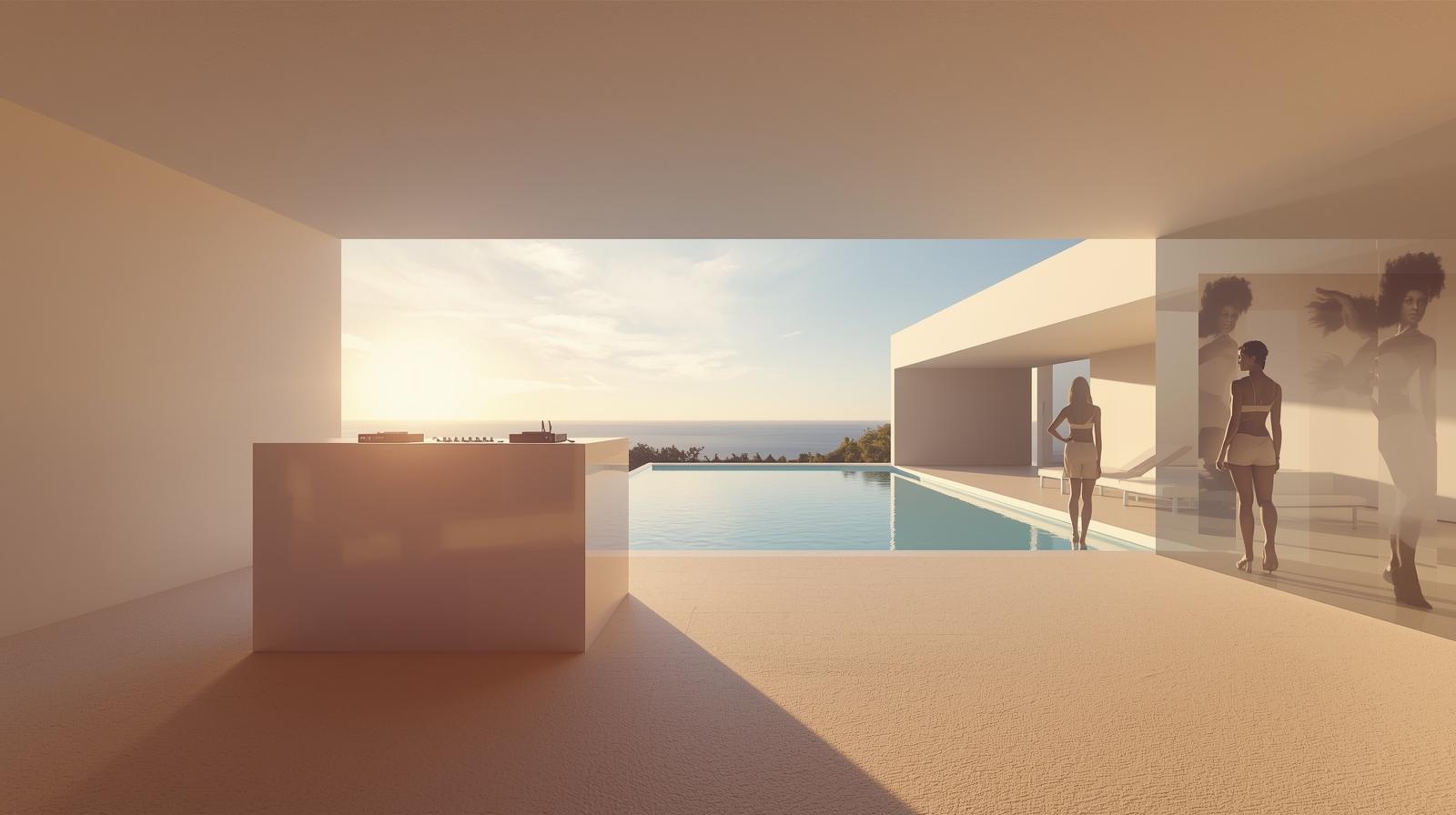 A minimalist and clean photography style capturing a futuristic DJ booth within a modern villa, overlooking a serene swimming pool on a bright, sunny summer day. Subtle silhouettes of Pacific Islan
